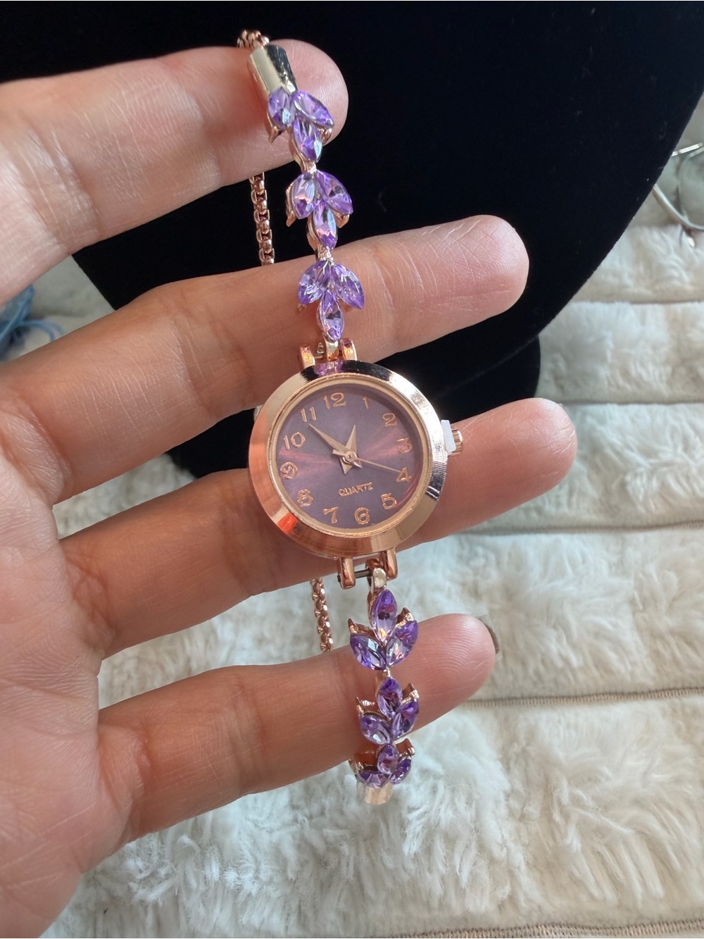 Rose Gold Quartz Bracelet Watch with Purple Crystal Accents
